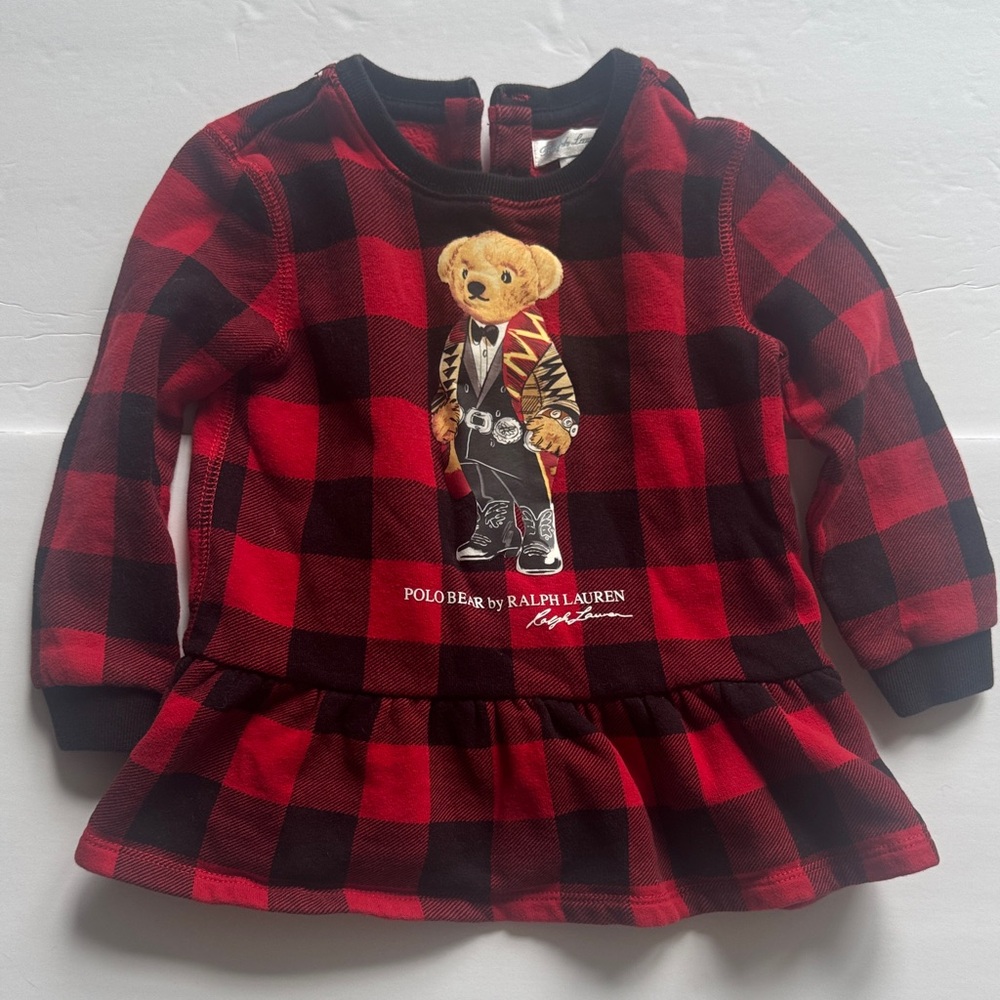 Ralph Lauren Red and Black Checkered Sweatshirt Dress with Polo Bear